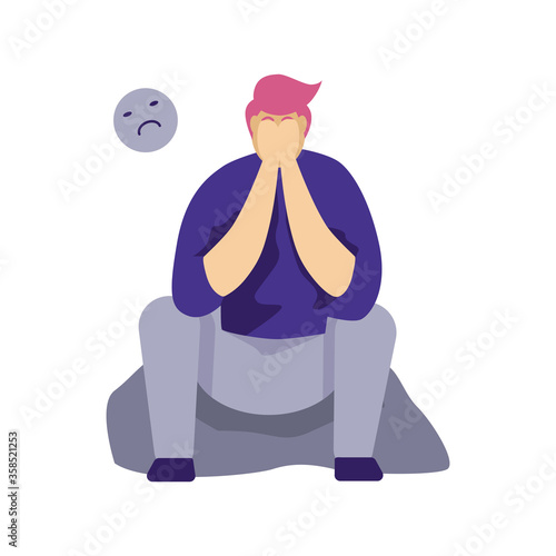Sad man flat character. Frustrated young man sit on the ground. Broken heart, unhappy love. The concept of frustration, depression, psychotherapy.