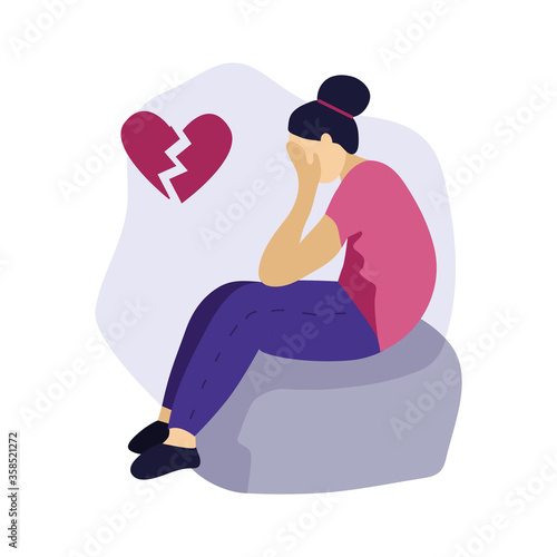 Sad woman flat character. Frustrated woman sit on the ground. Broken heart, unhappy love. The concept of frustration, depression, psychotherapy.
