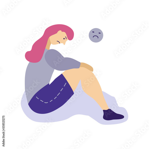 Sad woman flat character. Frustrated woman sit on the ground. Broken heart, unhappy love. The concept of frustration, depression, psychotherapy.