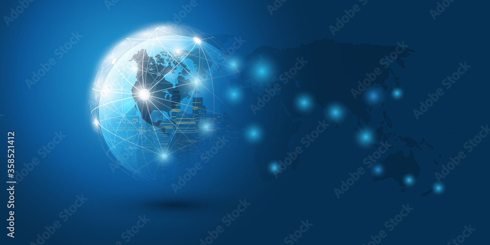 Smart City, Cloud Computing Design Concept with Wireframe and World Map - Digital Network Connections, Technology Background