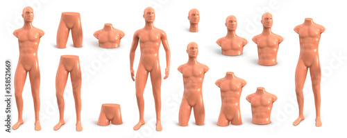 Beige plastic male mannequin for clothes. Set of parts of a mannequin of the male body. Vector 3d realistic illustration isolated on white background. Fashion store decor.