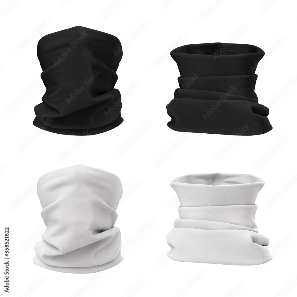 Buff on the face is black and white color. Bandana, scarf, buff, neckscarf.  Front and back view. 3d realistic illustration of mockup, empty blank  template isolated on a white background. ilustração do