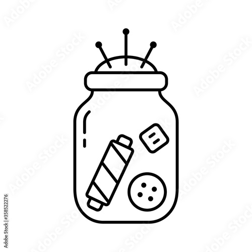 Glass jar with sewing accessories. Reuse of food bottle for storing threads, buttons, needles. Linear handmade icon. Black illustration of tailoring. Contour isolated vector emblem, white background