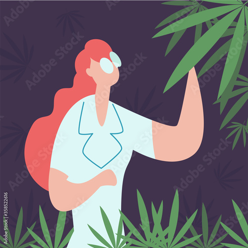 Concept grow cannabis, cultivation, production cbd . Professional worker in lab coat or pharmacist research, analyzing and checking plant hemp.