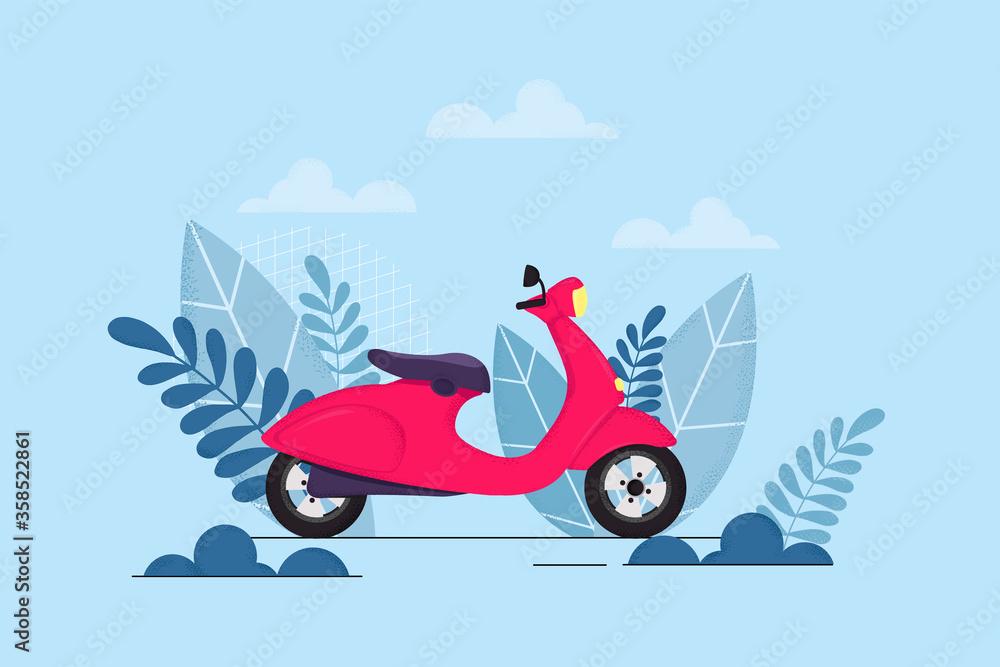 Vector illustration of a red moped on a blue background with a design