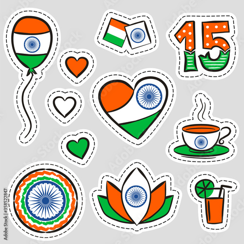Set of stickers for Indian Independence Day. Items with hand-drawn elements by August 15th in the national colors of India. Vector illustration for posters, cards and banners.