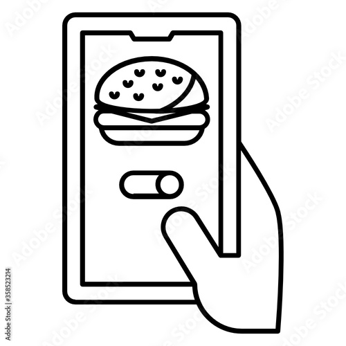 Ghost Kitchen food ordering concept, Mobile Phone with Chicken Drum Stick Vector Icon Design, Coronavirus contactless food delivery symbol on white background, Touchless Snacks Delivery Sign,