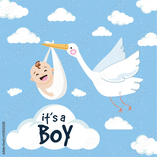 baby boy birth card or banner in black depicting a stork bringing the baby on a blue background with clouds