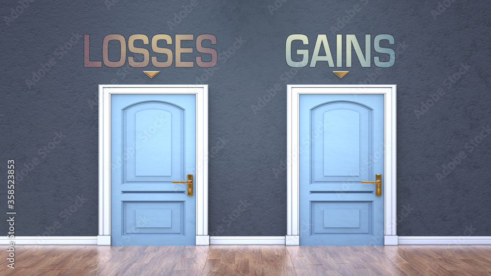 Losses and gains as a choice - pictured as words Losses, gains on doors to show that Losses and gains are opposite options while making decision, 3d illustration Losses and gains as a choice - pictured as words Losses, gains on doors to show that Losses and gains are opposite options while making decision, 3d illustration