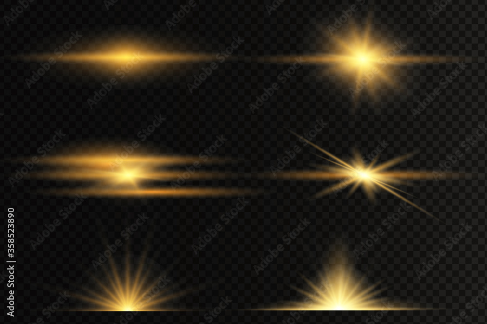 Set of flashes, Lights and Sparkles on a transparent background. Bright gold flashes and glares. Abstract golden lights isolated Bright rays of light. Glowing lines. Vector illustration eps 10. Set of flashes, Lights and Sparkles on a transparent background. Bright gold flashes and glares. Abstract golden lights isolated Bright rays of light. Glowing lines. Vector illustration eps 10.