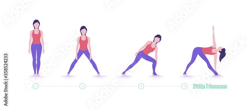 Yoga pose. Extended Triangle Pose-Utthita Trikonasana. Exercise step by step