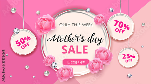 Mother's day sale background template with flowers, roses, diamond and pearl for promotion banner, ads, flyers, invitation, posters, brochure, discount, sale offers. Vector illustration. EPS 10.