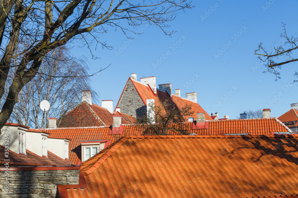 Red tiled roof with shadows from a tree. Old town medieval mood. Red tiled roof with shadows from a tree. Old town medieval mood.