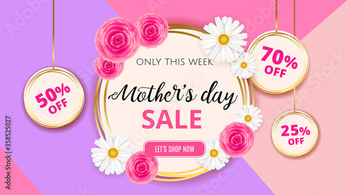 Mother's day sale background template with flowers, roses and camomiles for banner, ads, flyers, invitation, posters, brochure, discount, sale offers. Vector illustration. EPS 10.