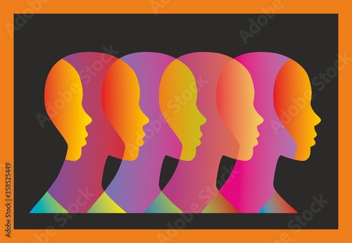 Cool futuristic image with human profile faces in colorful design on black background. Vector illustration.
