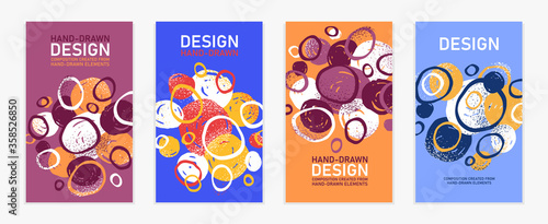 Hand drawn art vector covers circles abstract backgrounds set, artistic graphic design brochures flyers or booklets, advertising colorful positive posters, textured abstraction funny and cute.