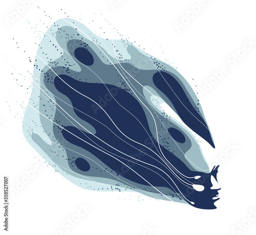 Man head with abstract fluids flying from it vector philosophical illustration, psychology insight and meditation theme, thinking and dreaming, mindfulness.