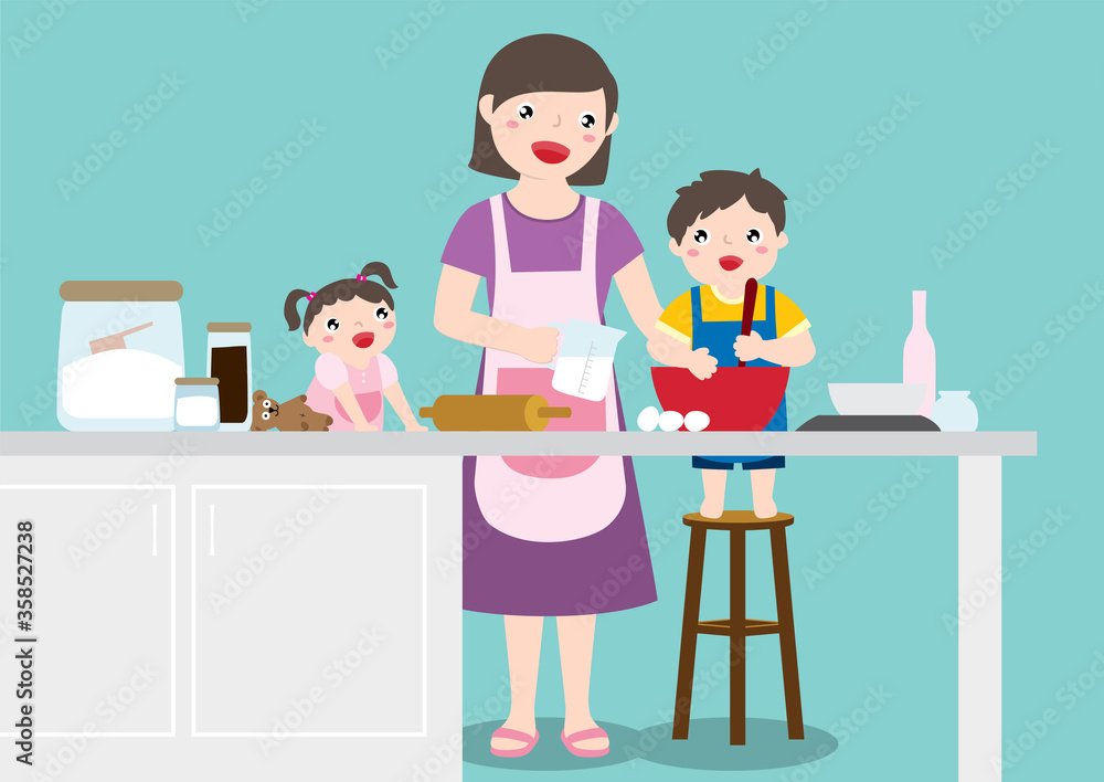 Happy Cute Mother And Son Baking Cake.
