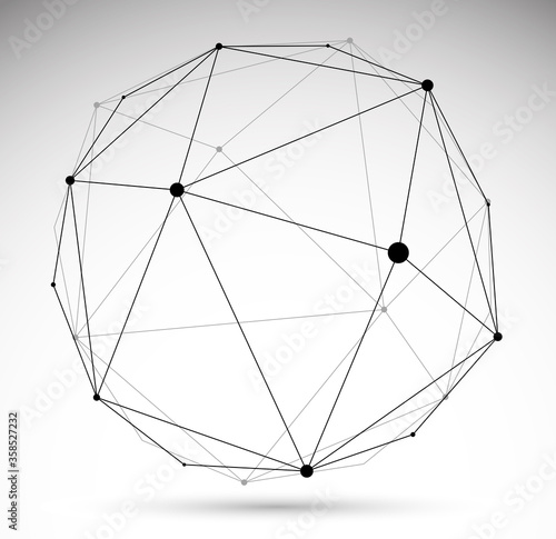 Abstract 3D mesh sphere vector illustration, dots connected with lines technology polygonal object isolated on white background, dynamic tech and science lattice.