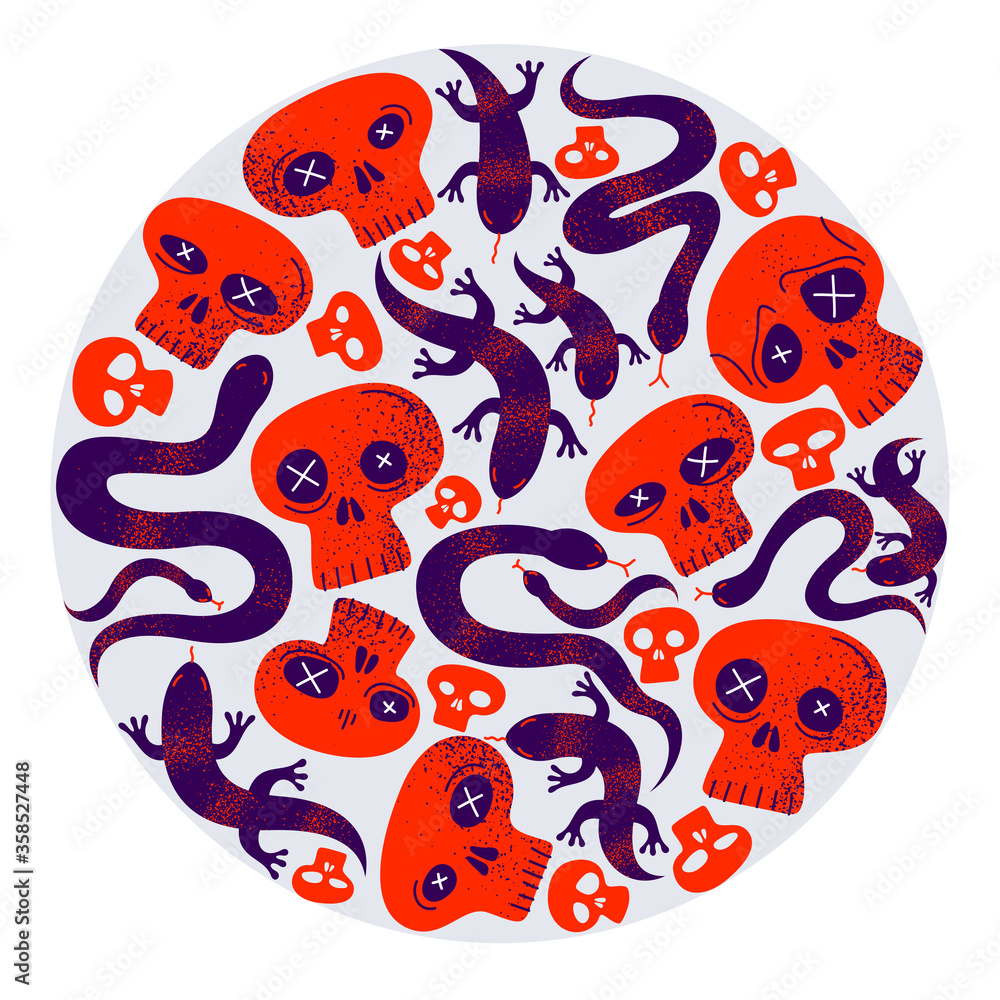 Obraz premium Skulls with lizards and snakes round composition in a circle vector design illustration, death sculls horror and fear theme concept, hard rock subculture style.
