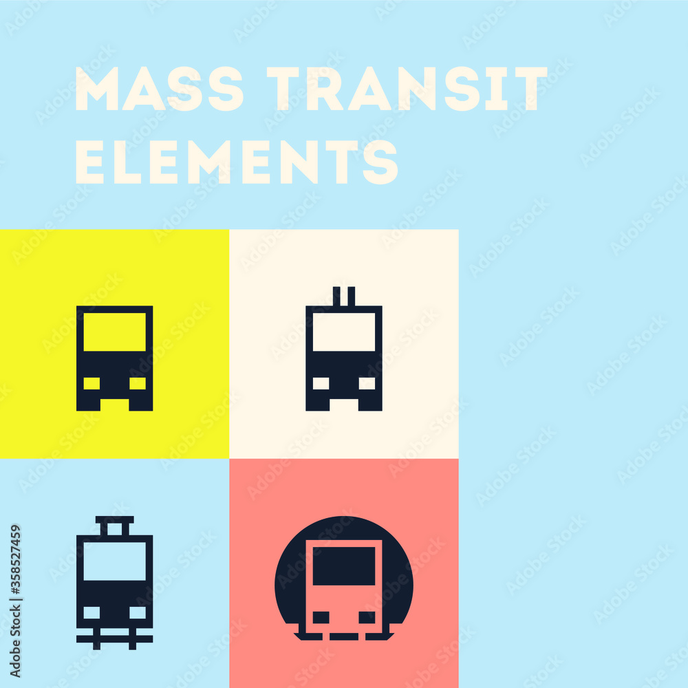 Mass transit station icon set. Collection of four public transportation basic icons. Bus, trolleybus, tram (LRT), rapid (metropolitan, subway, tube, underground). Mass transit station icon set. Collection of four public transportation basic icons. Bus, trolleybus, tram (LRT), rapid (metropolitan, subway, tube, underground).