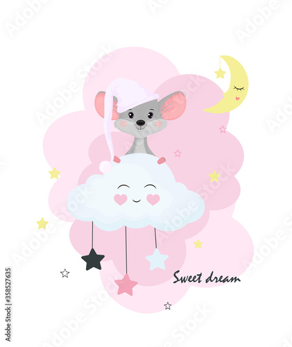 Cute little mouse in a nightcap on a cloud. Vector illustration in children 's cartoon style