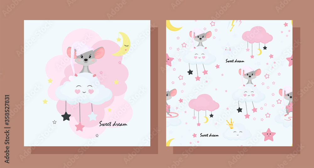 Cute card with a gray mouse. Vector seamless pattern with a mouse in a nightcap on a cloud in a children 's cartoon style.