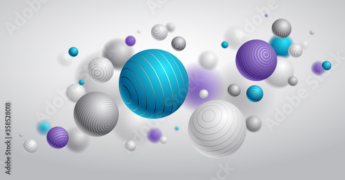 Abstract spheres vector background, composition of flying balls decorated with lines, 3D mixed realistic globes, realistic depth of field effect.