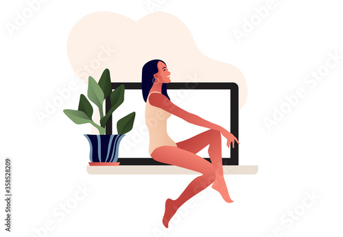 Beautiful woman in swimming suit. Body positive, illustration for lingerie design, swimsuit shop, cosmetology, clinic. Urinary incontinence. Bladder problems. Menopause, women health. 