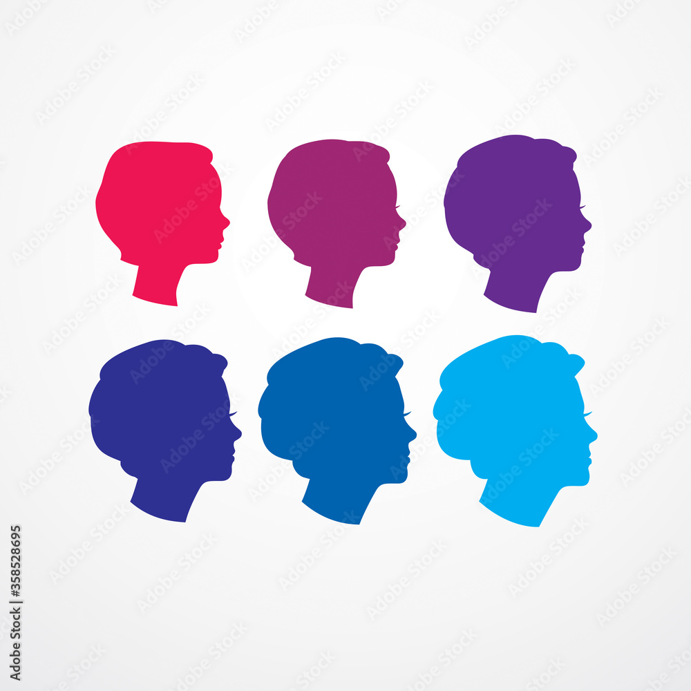 Woman face profiles of different age categories, growing to adult from child to teenager and woman, maturation and getting old, periods and cycle of life. Vector simple icon or logo design.