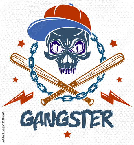 Brutal gangster emblem or logo with aggressive skull baseball bats and other weapons and design elements, vector anarchy crime or terrorism retro style, ghetto revolutionary.