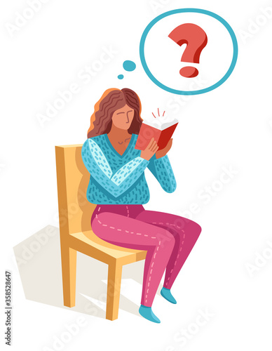 Young woman reading a book vector trendy flat illustration isolated on white, knowledge learning education, self-education, fiction literature.