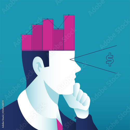 A man thinking about business concept. Open head with grow chart up increase profit sales and investment. Background vector illustration