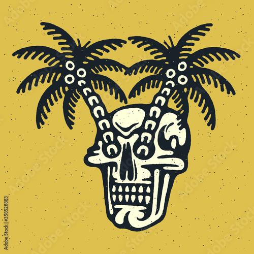 Traditional tattoo flash skull with a palms, Vector illustration on grunge texture background