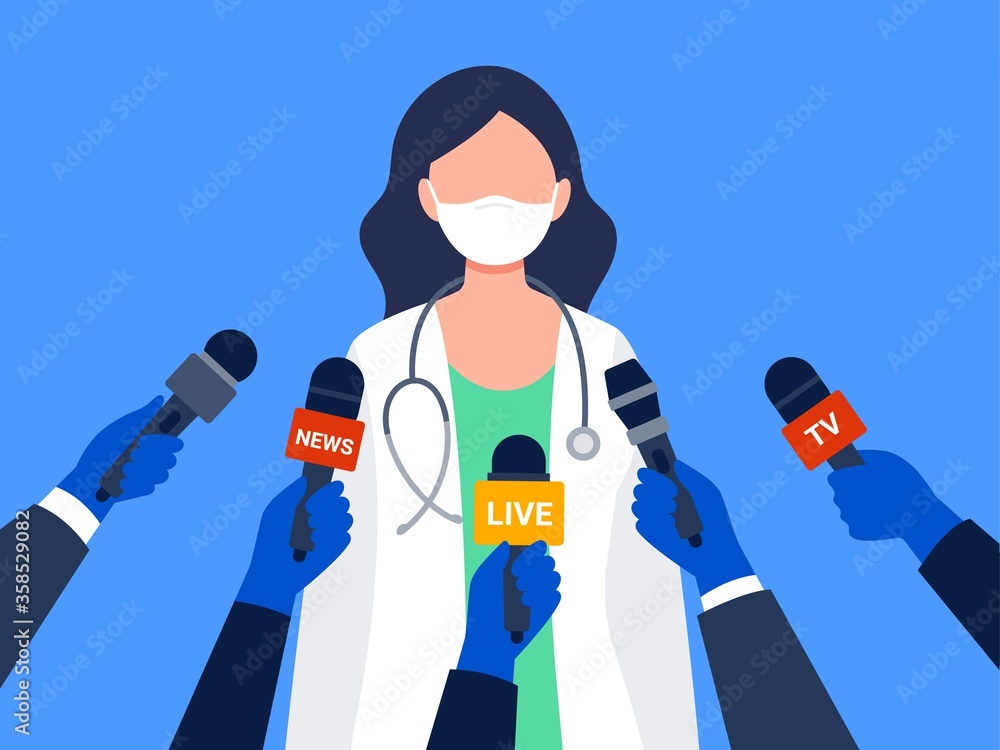 Live report, live news concept. A female medical worker giving an interview. Many hands of journalists with microphones. An interview with a doctor. Flat vector illustration. Live report, live news concept. A female medical worker giving an interview. Many hands of journalists with microphones. An interview with a doctor. Flat vector illustration.