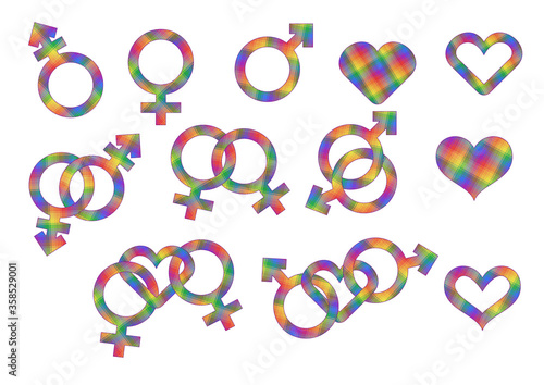 set of single and combined lgbt symbols with rainbow textile texture