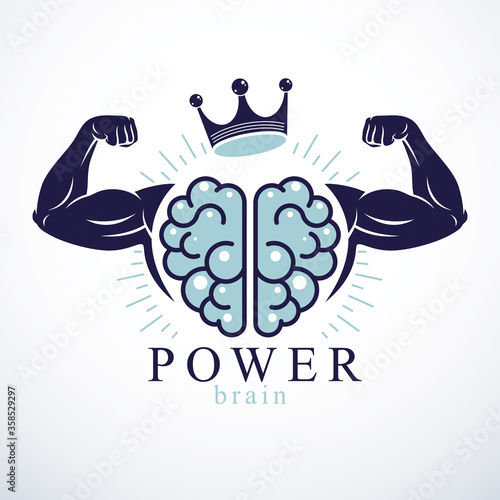 Power Brain emblem, genius concept. Vector design of human anatomical brain with strong bicep hands of bodybuilder. Brain training, grow IQ, mental health.