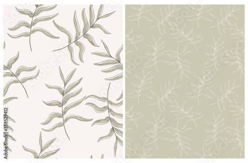 Abstract Palm Leaves Seamless Vector Pattern. Pale Green Tropical Repeatable Design. Aloha Party Decoration. Hand Drawn Palms Isolated on a Light Olive Green Background. Tropical Backdrop.