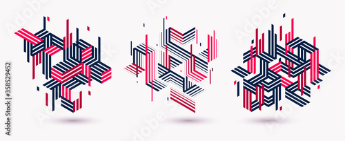 Polygonal low poly vector abstract designs set, artistic retro style backgrounds for ads or prints, covers or posters, banners or cards. Linear 3D triangles and cubes elements.