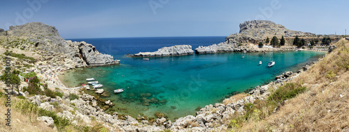 Panorama of the Beautiful St. Paul's bay near the town of Lindos, Rhodes, Greece