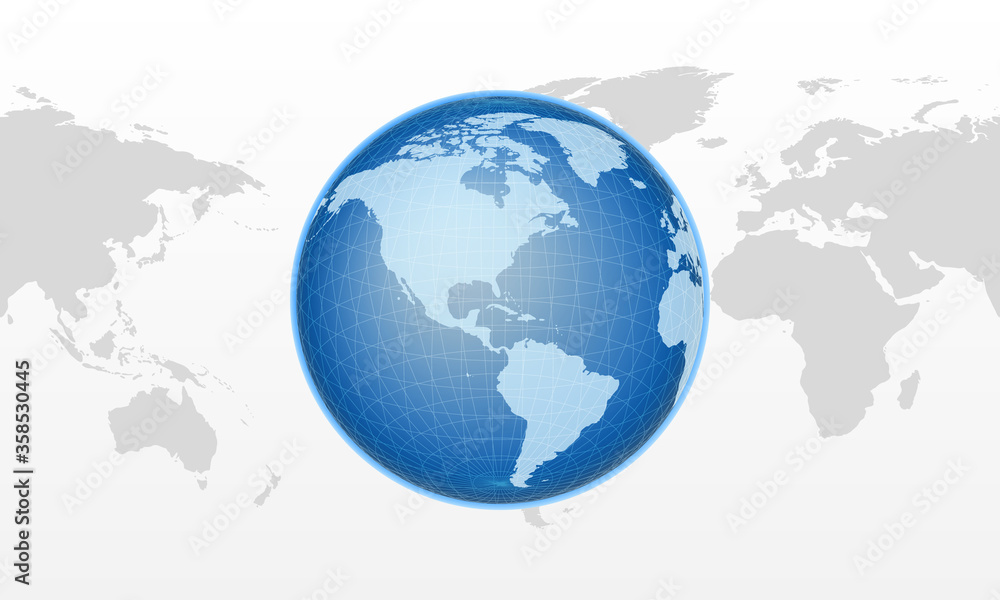 Fototapeta premium Blue globe centers on the Americas. Glossy vector earth uses a digital grid over a grey world map for business presentations, travel graphics, education, websites, and editorial design.