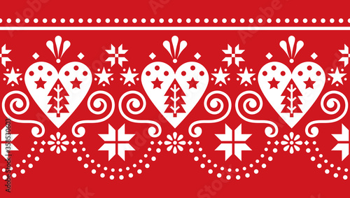 Scandinavian Christmas cute folk seamless vector pattern - long, horizontal repetitive design with Christmas trees, snowflakes in white on red background
