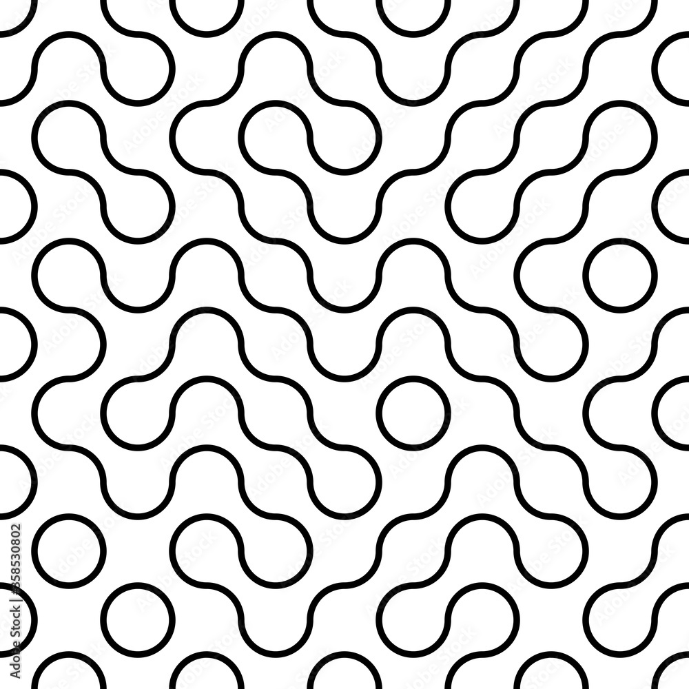 Black and white repeat swirl background with abstract geometric seamless textured pattern
