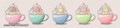 Coffee and cream, marshmallow collection. Hot chocolate mug set. Colorful cups hot drink on pastel background, sweets, 

delicious. Close up. Hand drawn coffee cups icons.