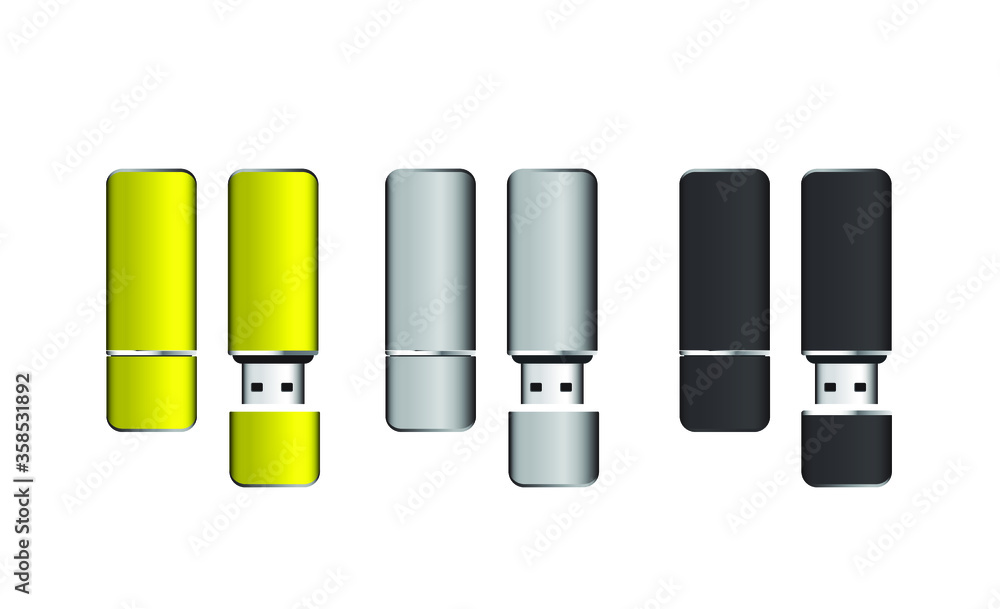 Isolated 3 USB pen drives, black, white, gold flash disks, vector
