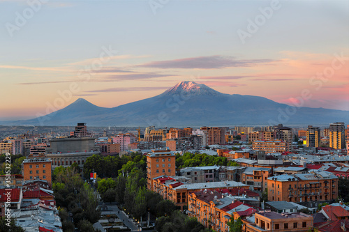 Yerevan at the sunrise with the two peaks of the Mt Ararat, Armenia photo