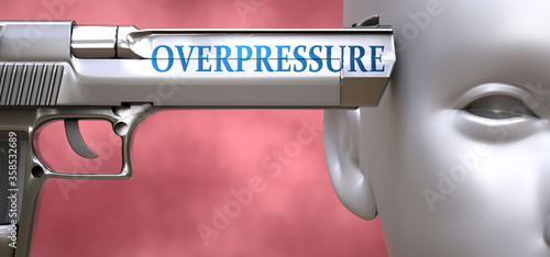 Overpressure can be dangerous - pictured as word Overpressure on a pistol terrorizing a person to show that it can be unsafe or unhealthy, 3d illustration photo