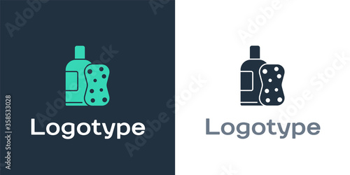 Logotype Bottle of shampoo and sponge icon isolated on white background. Logo design template element. Vector Illustration.