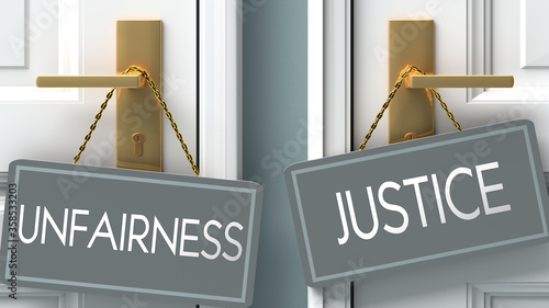 justice or unfairness as a choice in life - pictured as words unfairness, justice on doors to show that unfairness and justice are different options to choose from, 3d illustration