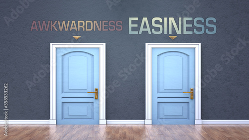 Awkwardness and easiness as a choice - pictured as words Awkwardness, easiness on doors to show that Awkwardness and easiness are opposite options while making decision, 3d illustration